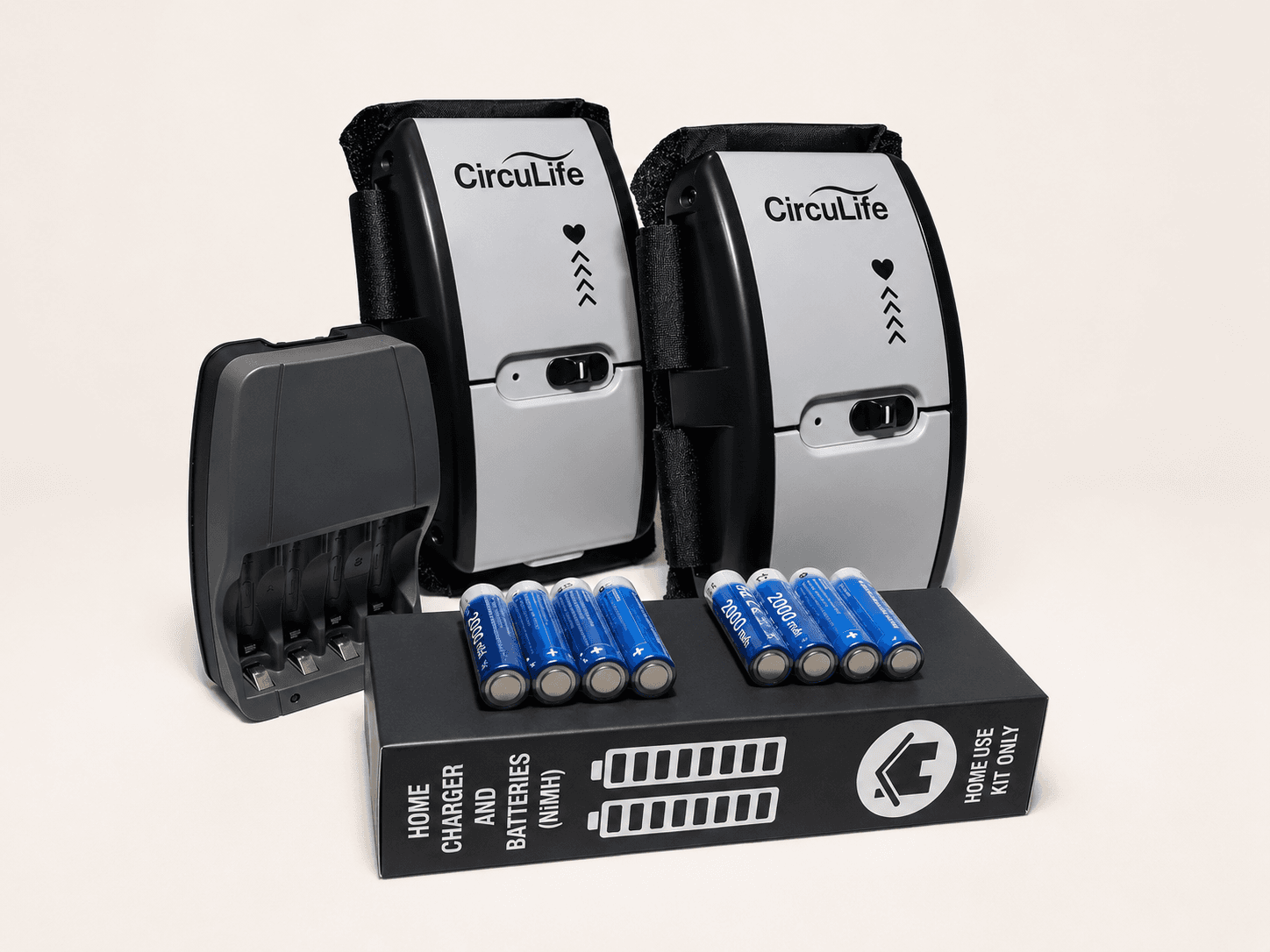 CircuLife Home Use Kit: two devices, NiMH battery charger, eight 2000 mAh AA batteries, and branded packaging.