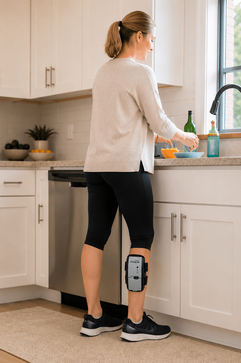 A patient wears CircuLife on her calf while preparing food at home, hands-free.