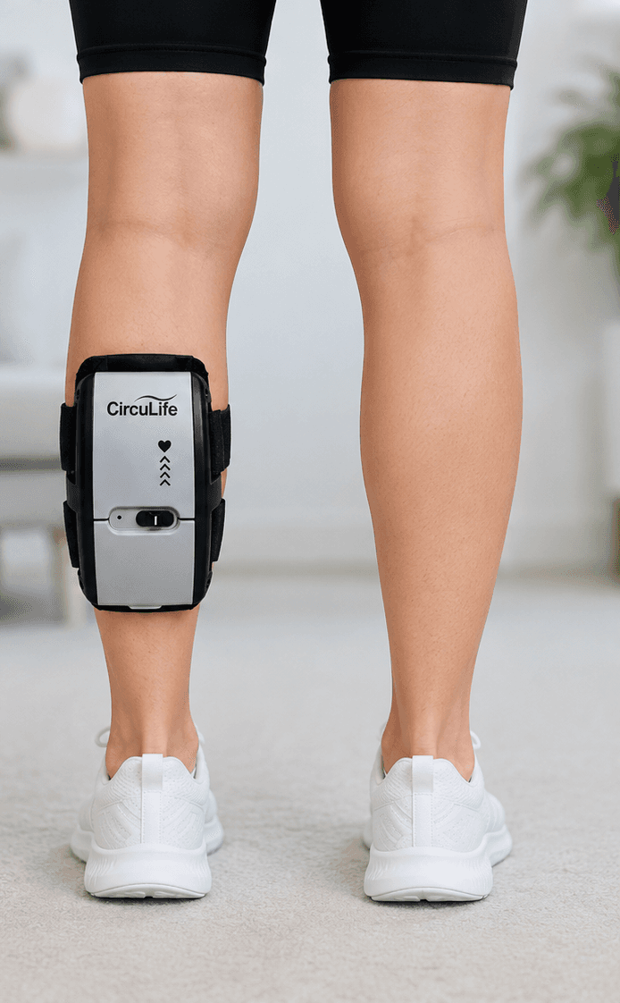 CircuLife active compression device worn on the back of a patient's calf.